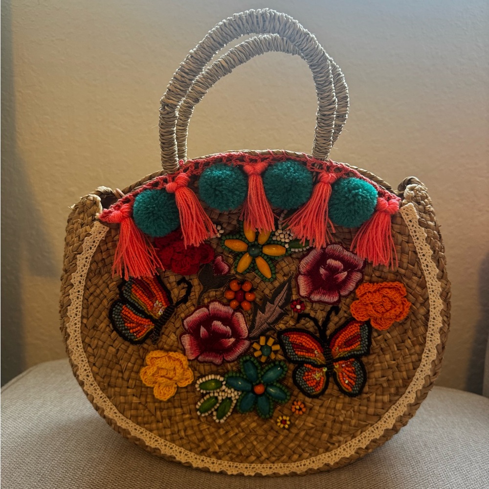 Embroidered Straw Boho Tote with Pom Poms & Tassels